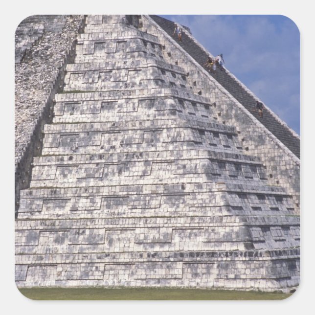 Tourists climbing stairs of El Castillo, stone Square Sticker (Front)
