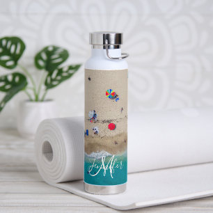 Tourists Sunbathing Photo with Ocean Monogram Name Water Bottle
