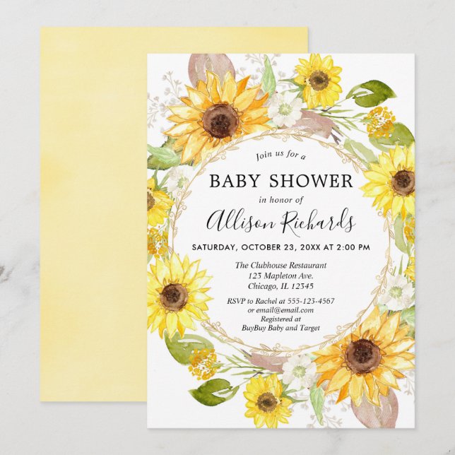 Tournesol bébé invitations douche aquarelle (Devant / Derrière)