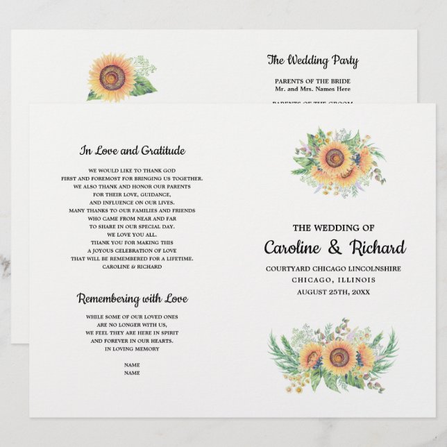 Tournesol de pays rustique Programmes de mariage p (Devant / Derrière)