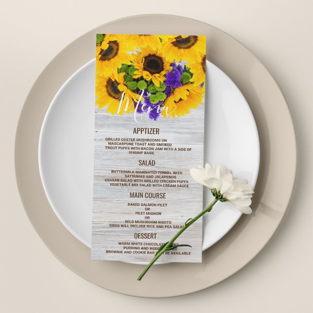 Tournesol en bois blanc rustique Mariage Menu (Rustic white wood sunflower floral Wedding Menu)