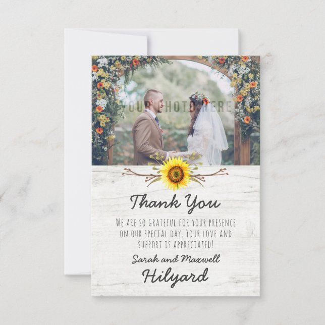Tournesol et bois rustique Mariage Merci (Devant)