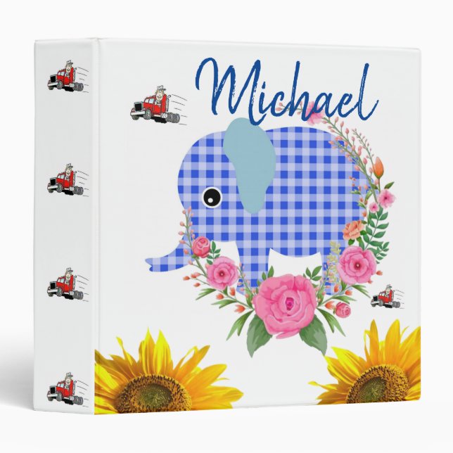 Tournesol Floral Blue Elephant Avery Classeur (Devant/Côté)