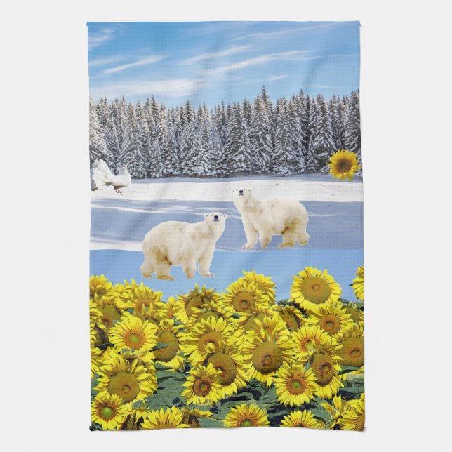 Tournesol Floral Ours Polaire Serviette de cuisine (Vertical)