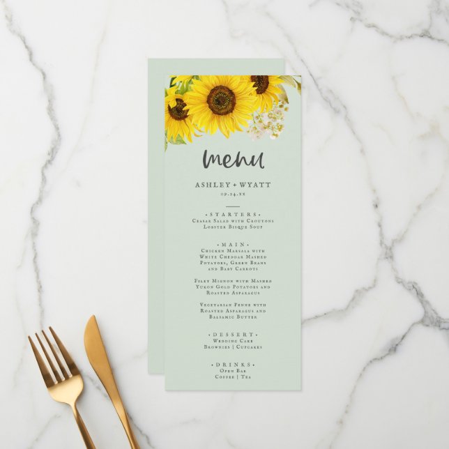 Tournesol | Menu Dîner Mariage Mint (Devant/Arrière en situation)