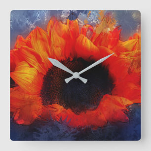 Tournesol orange vif sur une horloge murale grise