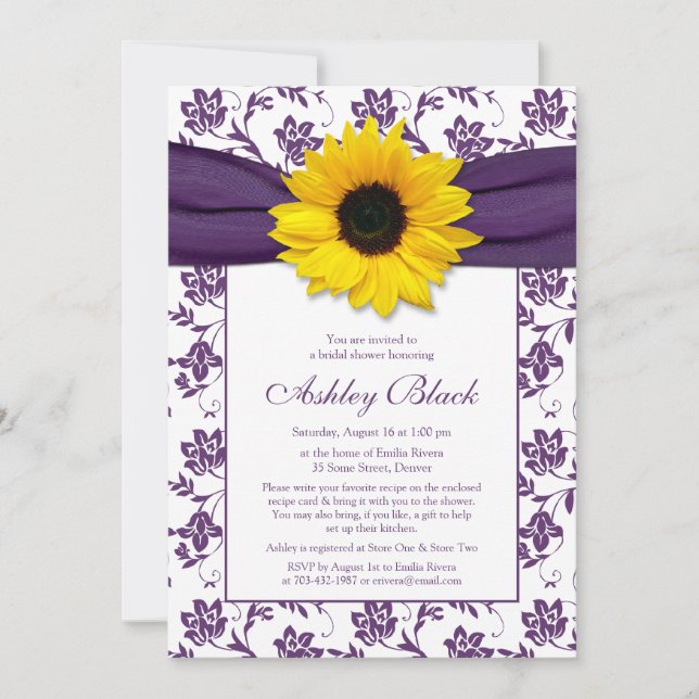 Tournesol Purple Damask Invitation à la douche nup (Devant)