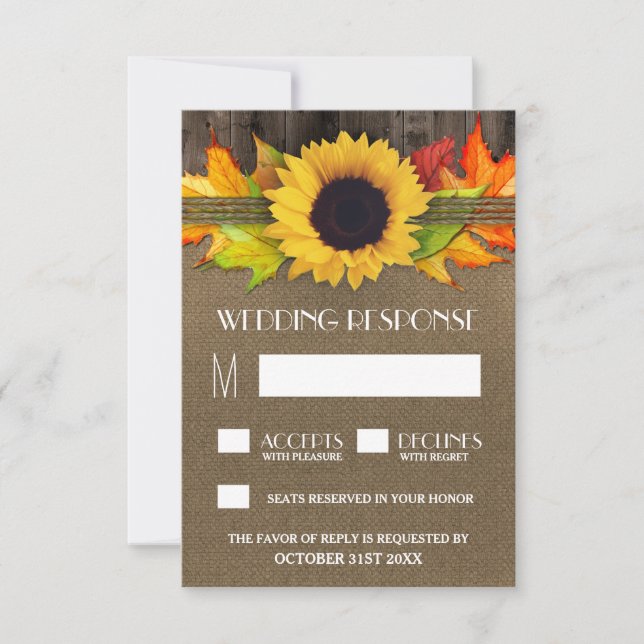 Tournesol Rustique Automne + Burlap Wedding Cartes (Devant)