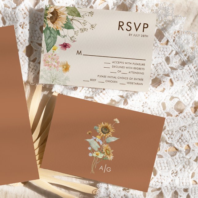Tournesol Rustique Beige Mariage Menu RSVP (Créateur téléchargé)
