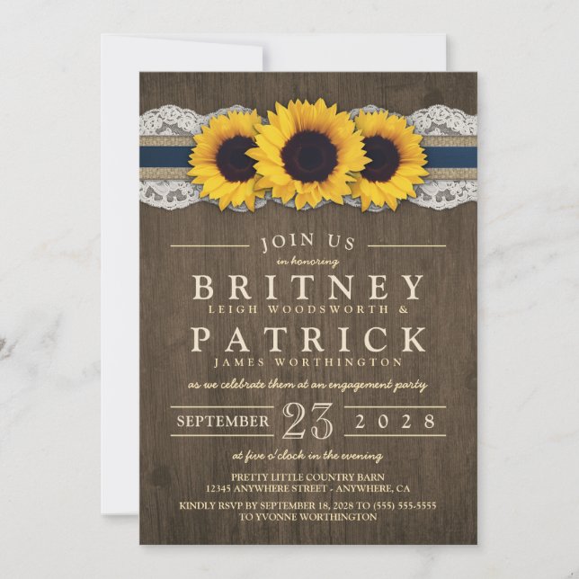 Tournesol Rustique Blue Engagement Invitations (Devant)
