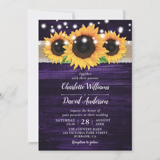 Tournesol rustique et mariage violet invitations (Devant)