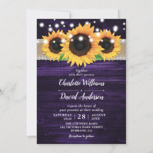 Tournesol rustique et mariage violet invitations