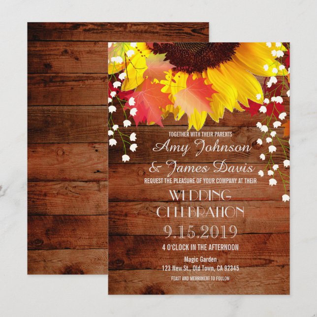 Tournesol rustique Grange Bois Mariage Invitations (Devant / Derrière)