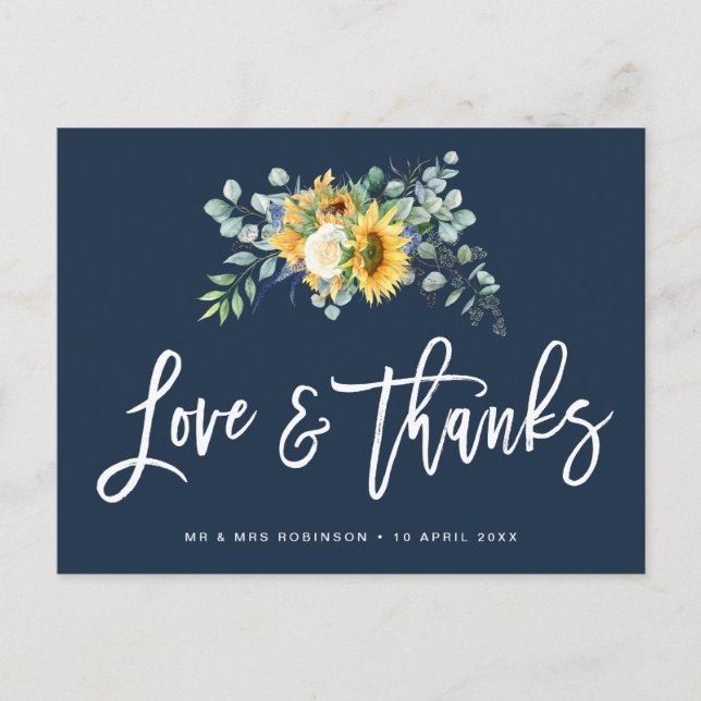 tournesol script marine bleu mariage carte de reme (Devant)