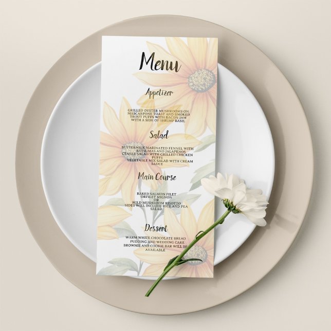 Tournesol vert orange Mariage fleuri d'été Menu (Orange green sunflower summer floral Wedding Menu )