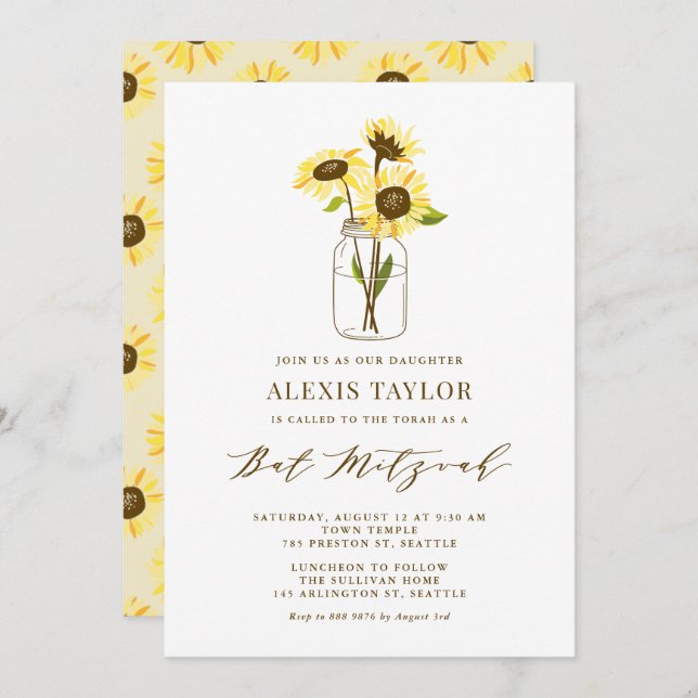 Tournesols à Mason Jar Invitation Bat mitzvah (Devant / Derrière)