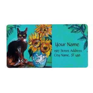 TOURNESOLS AVEC LE CAT NOIR EN TURQUOISE BLEUE