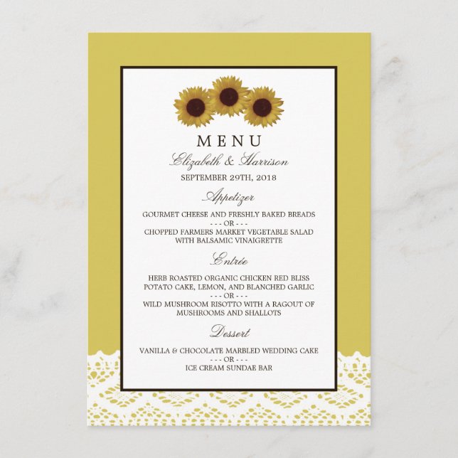 Tournesols et dentelle Vintage Menu Mariage (Devant)