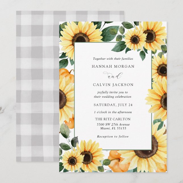 Tournesols et Faire-part de mariage Citrouille (Devant / Derrière)