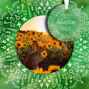 Tournesols et lapin sur un ornement de Noël vert