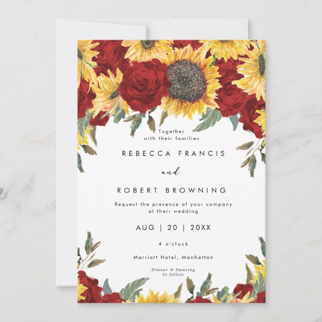 tournesols et roses rouges faire-part de mariage (Devant)