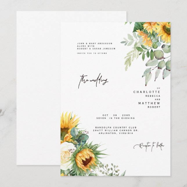 Tournesols Modernes En Fleur De Verdure Invitation (Devant / Derrière)