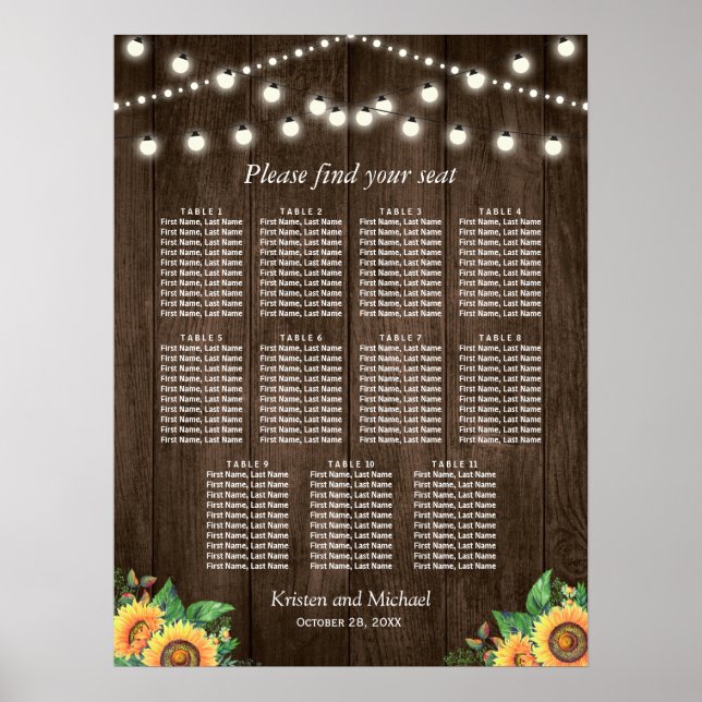 Tournesols rustiques 11 Tables Tableau Mariage (Devant)