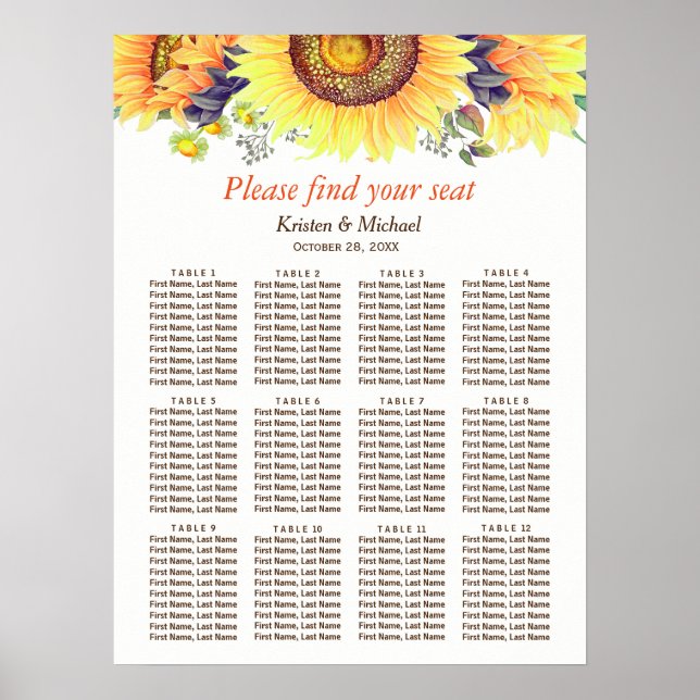 Tournesols rustiques 12 Tables Tableau Mariage (Devant)