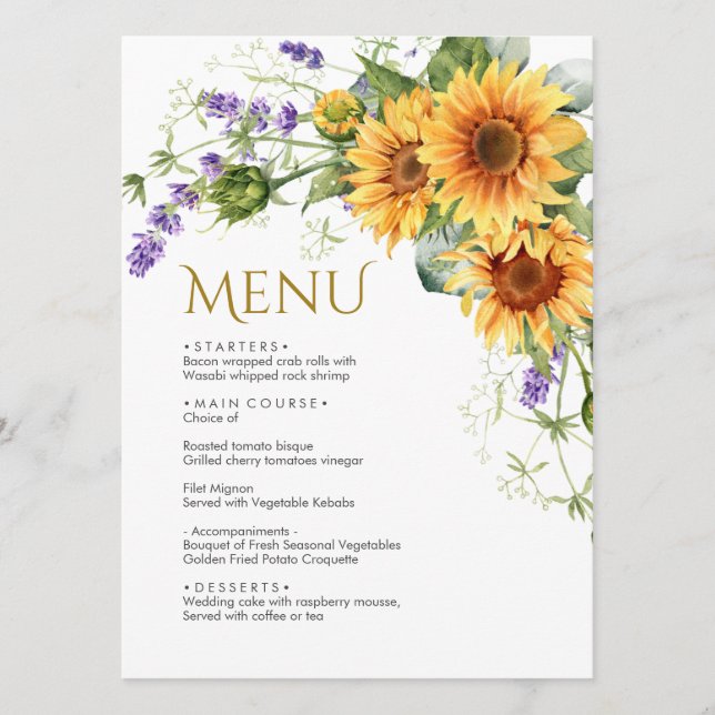 Tournesols rustiques & Lavender Menu Mariage (Devant)
