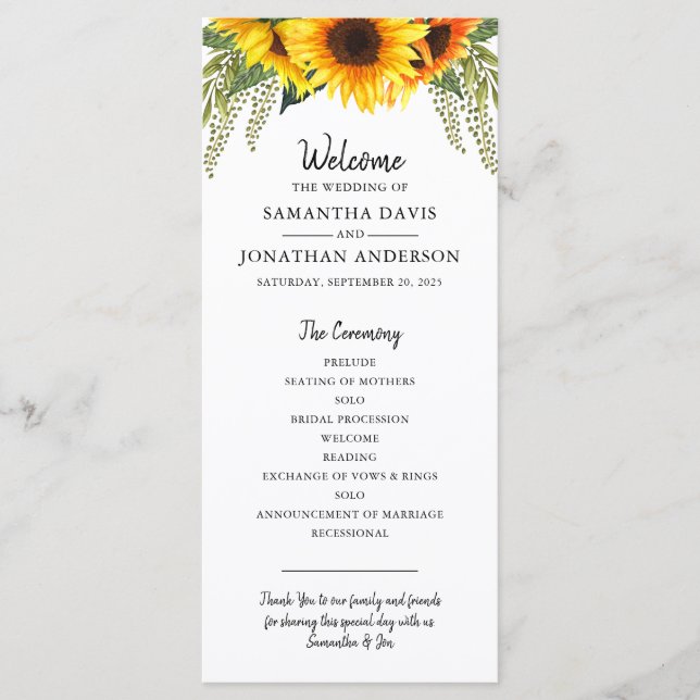 Tournesols rustiques | Programme de mariage aquare (Devant)