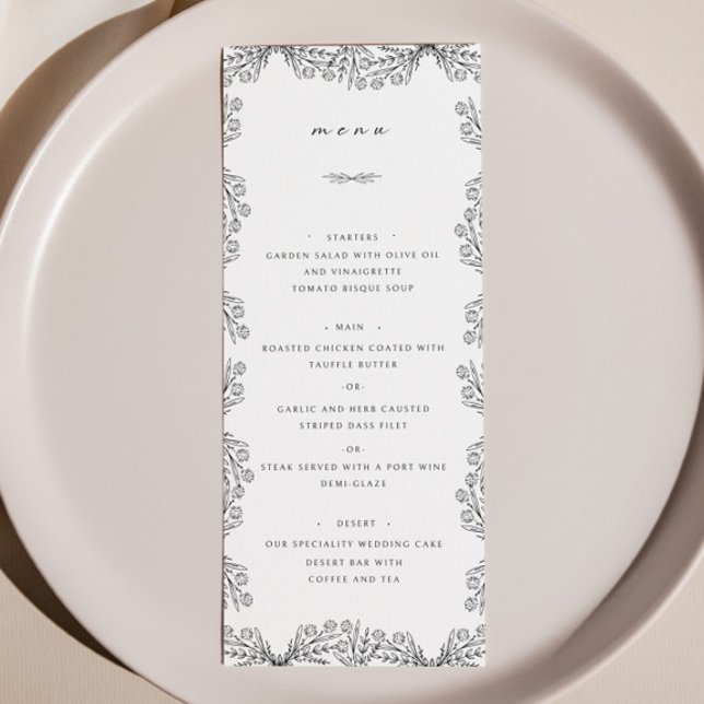 Tous Floral Noir & Blanc Mariage Diner Menu (Créateur téléchargé)