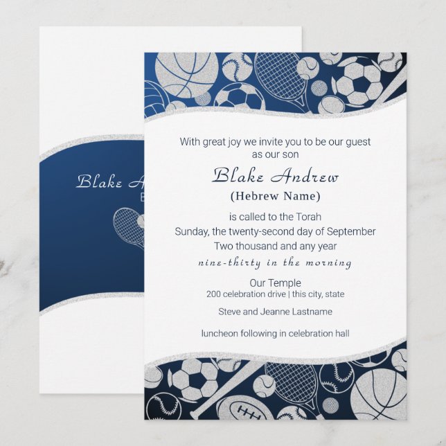 Tous Sports Bar Mitzvah Silver Blue Invitation 2 (Devant / Derrière)