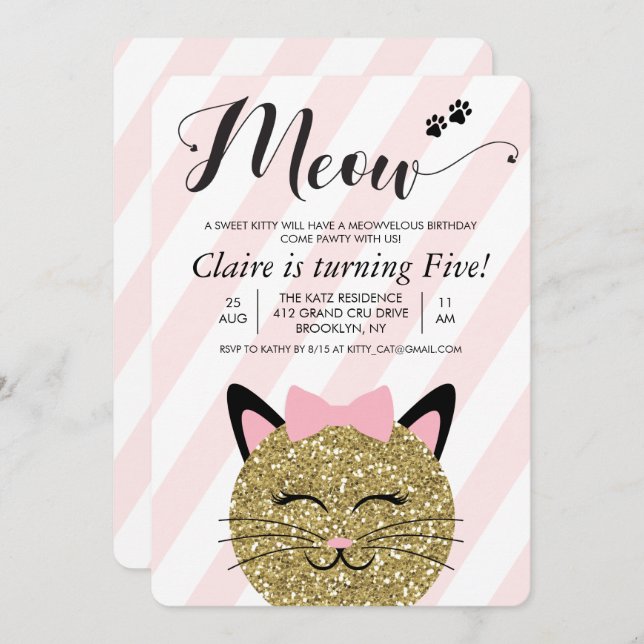 TOUT ÂGE - Chat Kitten Meow Invitation d'anniversa (Devant / Derrière)
