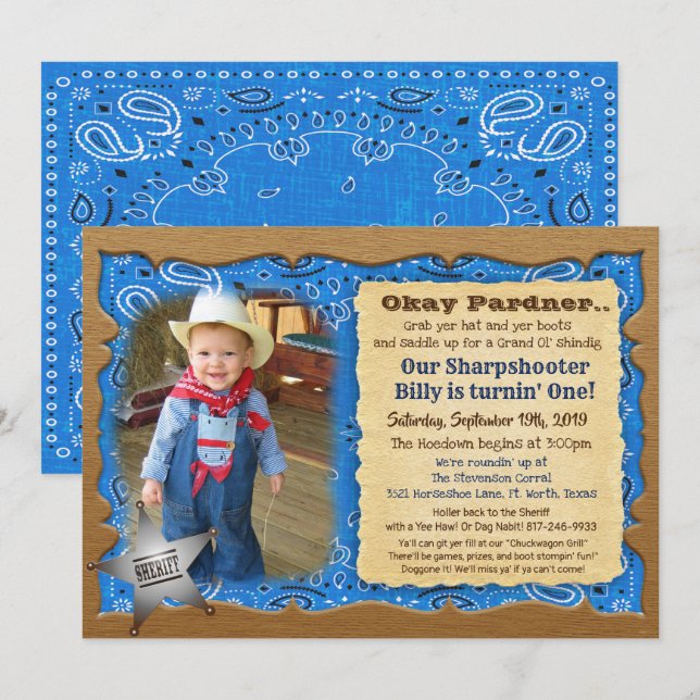 TOUT ÂGE - Cowboy Anniversaire Photo Invitation (Devant / Derrière)