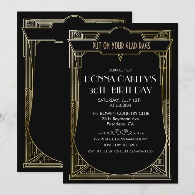 TOUT ÂGE Gatsby Art Déco Invitation Anniversaire (Devant / Derrière)