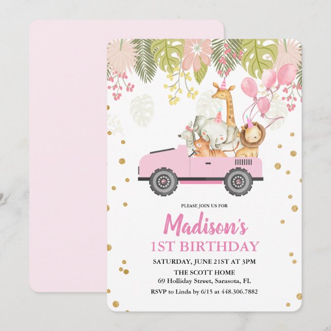 TOUT ÂGE - Jungle Safari Girl Birthday Invitation (Devant / Derrière)
