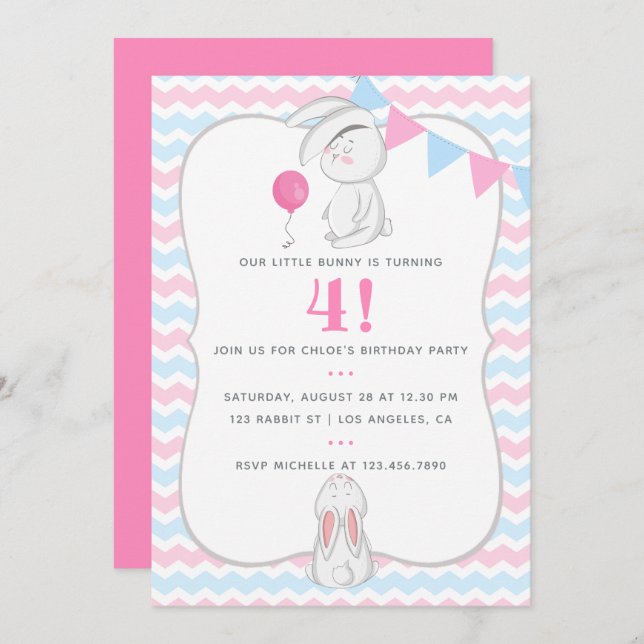 Tout âge Lapin thème Anniversaire Fête Invitation (Devant / Derrière)