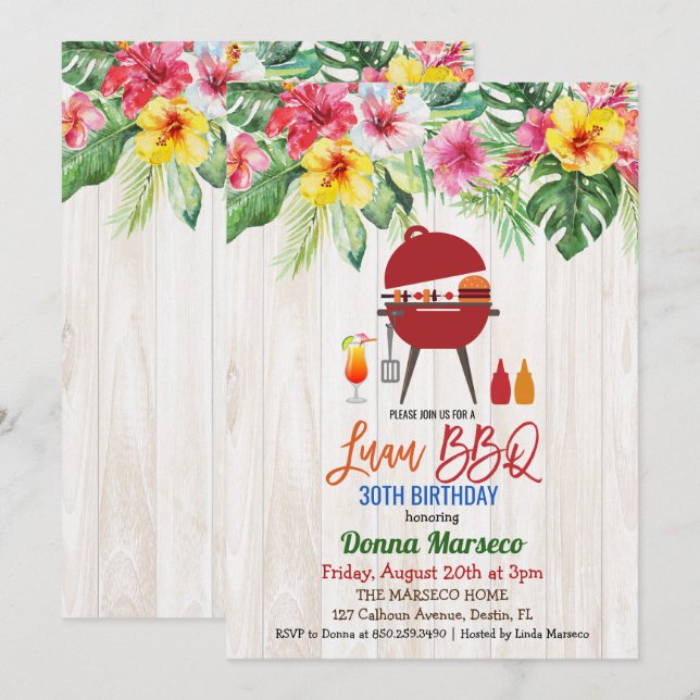 TOUT ÂGE - Luau BBQ Tropical Birthday Invitation (Devant / Derrière)
