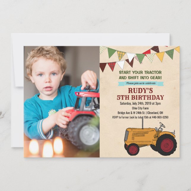 TOUT ÂGE - Tracteur Vintage Invitation d'anniversa (Devant)