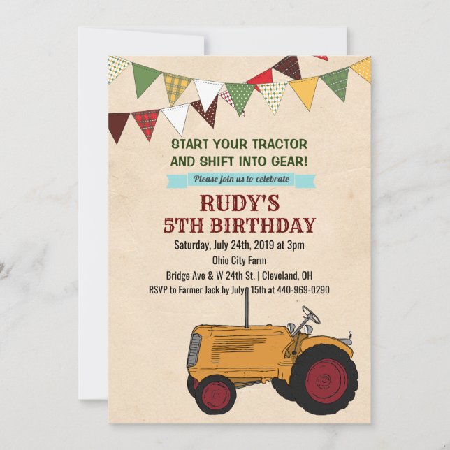 TOUT ÂGE - Tracteur Vintage Invitation d'anniversa (Devant)