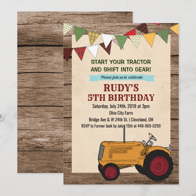 TOUT ÂGE - Tracteur Vintage Invitation d'anniversa (Devant / Derrière)