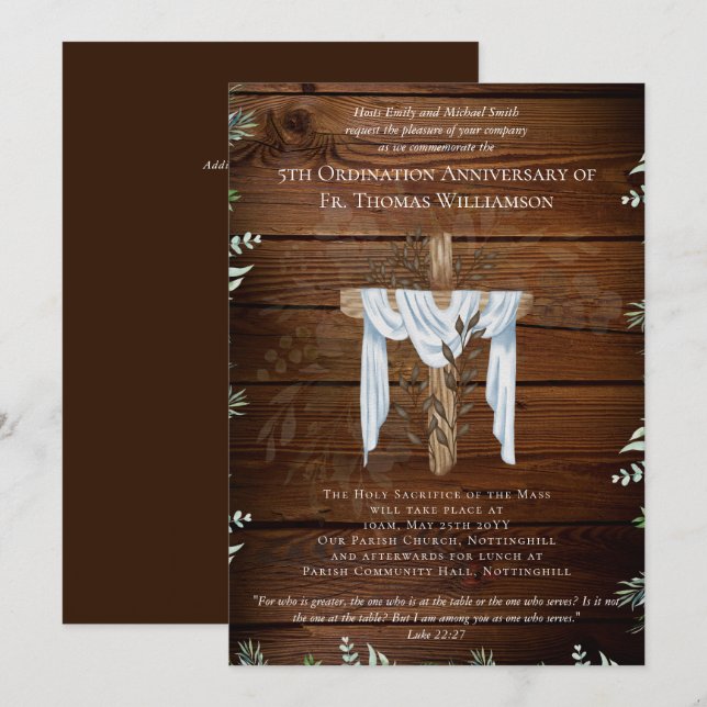 TOUT Anniversaire d'Ordination Invitation Bois rus (Devant / Derrière)