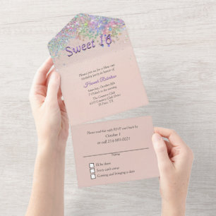Tout En Un Blush et Confetti Sweet 16 All In One Invitation