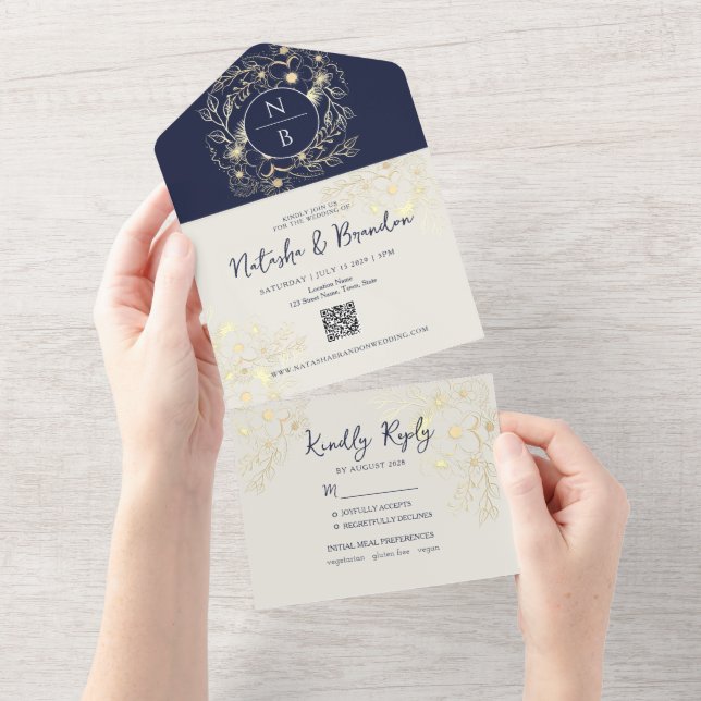 Tout En Un Boho Navy Blue Monogram All-in-One Invitation (Déchirure)