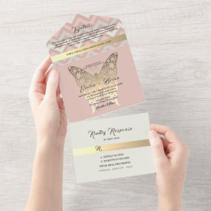 Tout En Un Dusty Pink Gold Butterfly Wedding Invitation