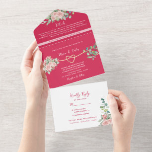 Tout En Un Fuchsia Floral Invitation de Mariage Tout-en-un +