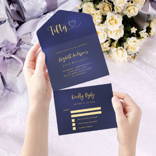 Tout En Un Invitation 50e anniversaire marine bleu or rsvp