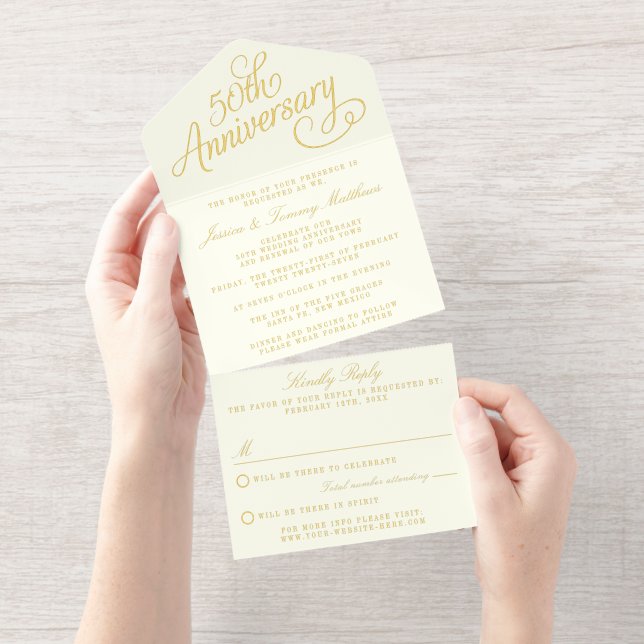 Tout En Un Invitation 50ème Anniversaire de Mariage d'or Véritable huile (Détachable)