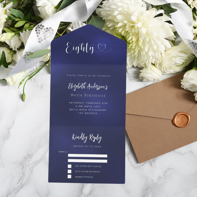 Tout En Un Invitation 80e anniversaire marine bleu argent rsvp (Créateur téléchargé)