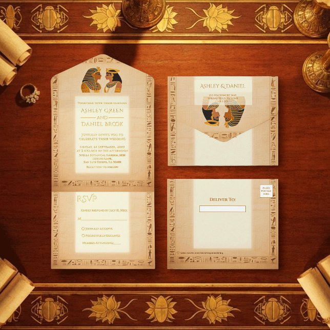 Tout En Un Invitation Ancient King and Queen Egyptian Wedding Gold Foil (Créateur téléchargé)